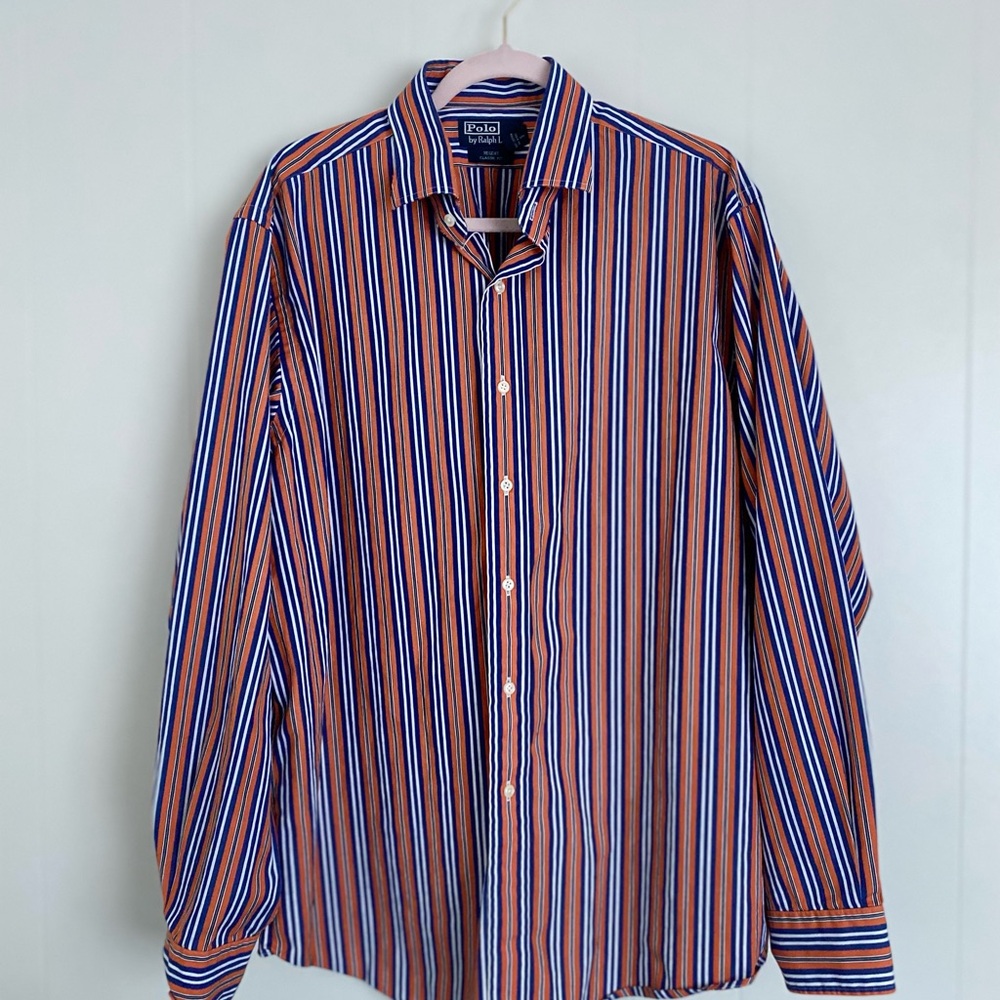 Ralph Lauren Orange and Blue Striped Men's Dress Shirt